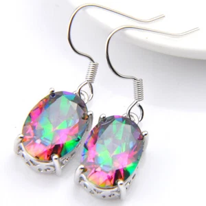 Woman Valentine's Gift Rainbow Mystic Fire Topaz Gems Silver Earrings - Picture 1 of 6