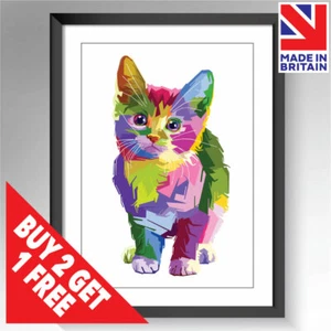 Colourful Cat Abstract Framed & Unframed Print Poster Wall Art A3 A4 A5 Sizes - Picture 1 of 16