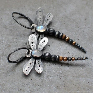 Vintage Dragonfly 925 Silver Hook Dangle Earrings Women Moonstone Party Jewelry - Picture 1 of 16