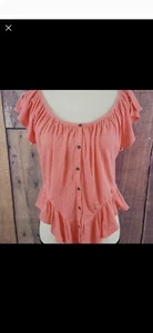 Free People Womens Small Coral Off The Shoulder Ruffle Peasant Top Boho - Picture 1 of 6