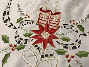 Christmas Red Poinsettia Candle Bell Embroidery Lace Placemat Runner Table Decor
