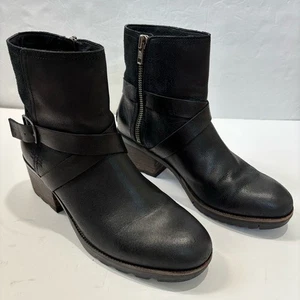 Sorel Black Leather block heel Cate waterproof buckle combat Ankle Boots Sz 8.5 - Picture 1 of 16