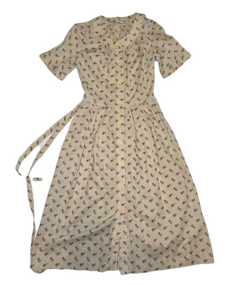 VTG 1950s Day Dress fitted bodice full skirt button front cinch waist Floral  - Image 1 of 4