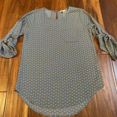 Blusa túnica blanca lirio para mujer S patrón azul transparente mangas enrollables Foto 1 de 4