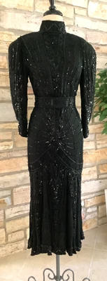 Vintage Oleg Cassini Long Sleeve High Neck Heavily Beaded Black Tie 100% Silk 6 - Image 1 of 4