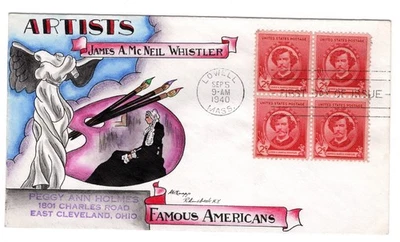 #885 Whistler Dorothy Knapp Hand Painted Famous Americans Artists 1940 FDC - Image 1 of 2