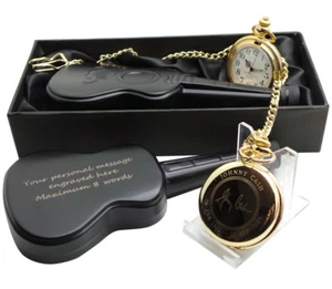JOHNNY CASH Signed GOLD Pocket Watch and Personalised Guitar Drinks Hip Flask - Imagen 1 de 3