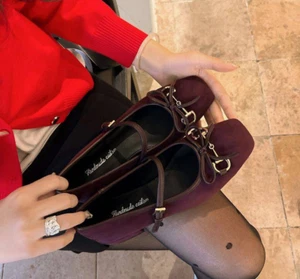 Women's Square Toe Ballet Wine Red Low Heel Shoes Mary Janes Banquet Shoes Black - Picture 1 of 14