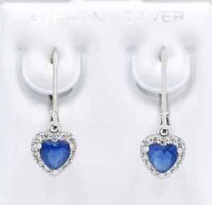 LAB CREATED 1.64 Cts BLUE & WHITE SAPPHIRE HEART DANGLING EARRINGS .925 Silver - Picture 1 of 6