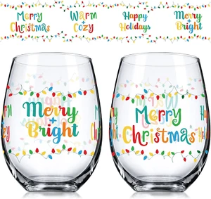 2 Pieces Christmas Stemless Wine Glass, 17 Oz Merry Christmas Happy Holiday Wine - Picture 1 of 7