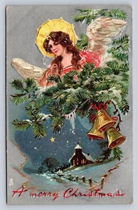 Tucks Postcard Angel Christmas Starry Snowy Farm 1909 Flag Cancel Beaver Dam WI - Picture 1 of 2