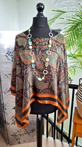 BOHO FESTIVAL Ladies Silky throw on poncho cape ONE size 10 12 14 16 18 20 beach - Picture 1 of 10