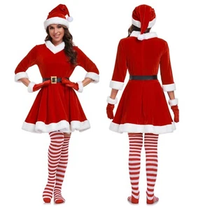 5-teiliges Damen Weihnachtsmann Kostüm Set rot Samt Kleid Fellmanschette Weihnachten Cosplay - Bild 1 von 8