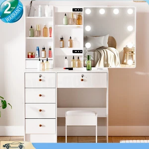 Dressing Table Vanity Makeup Desk With LED Light Mirror + 6 Drawers + Stool - Picture 1 of 8