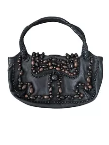 JAMIN PEUCH Black Leather Wood Bead Shoulder Bag IMMACULATE - Picture 1 of 5
