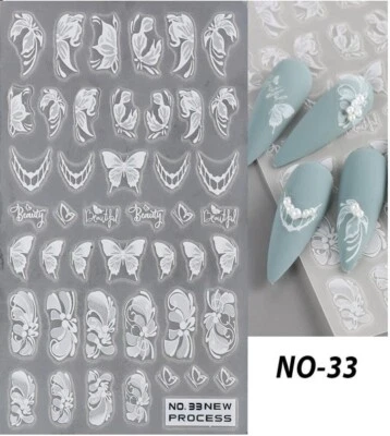 3D Nail Art Stickers White Flowers And Butterflies Water Decals Decoration DIY