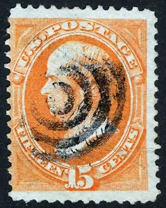 US Sc 163 Yellow Org 15¢ 1873 CBCo Black Target Cancel Preprnt Paper Fold - Picture 1 of 1