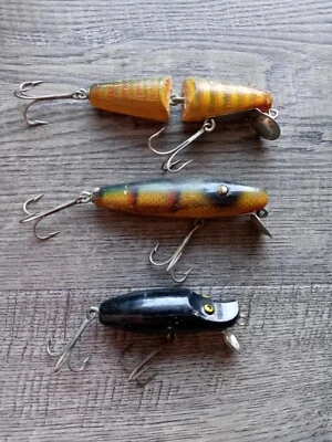 3 señuelos de pesca vintage ABBEY & IMBRIE HORROCKS IBBOTSON articulados, ojos de metal Foto 1 de 4