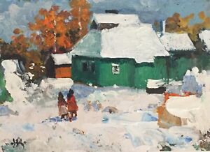 ACEO Original TANIA Art Oil Painting 2.5x3.5” Village Winter Home Collection 