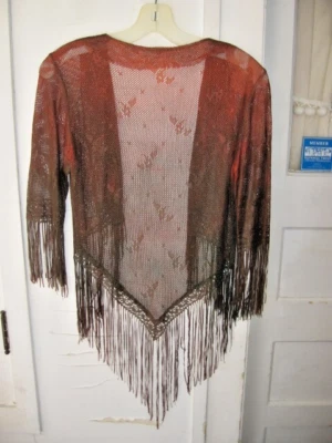 CHAQUETA ÚNICA VINTAGE DE MALLA DE NAILON SUAVE CON FLECOS LARGOS - VERDE ABIGARRADO/NARANJA Foto 1 de 4