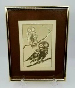 Vtg 1986 Gold Foil Art MANIFESTATIONS Inc. 2 Owls Optical Illusion Framed Matted - Picture 1 of 7