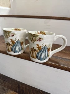 (2) Maxcera Happy Thanksgiving blau türkis Kürbis Kaffeetassen 4,5" Keramik Neu ~ - Bild 1 von 4