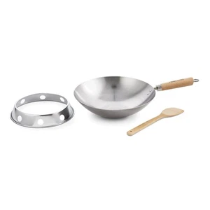 Wok-Set mit rundem Boden, Kohlenstoffstahl und Bambus, 12 Zoll, 4-teiliges Set - Bild 1 von 9