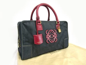 Loewe Amazona 36 Handbag Mini Boston Bag Embossed Leather Denim Japan Used Mint - Picture 1 of 8