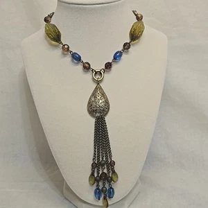Vintage Avon Long Beaded Tassel Necklace Blue Brown Green Opera-Length Boho - Picture 1 of 9