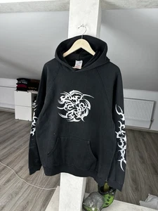 Y2K Tribal Hoodie Faded Black Screen Stars Boxy Fit - Picture 1 of 8