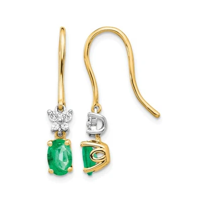 14k Two-Tone Gold Dangle Earrings Emerald Diamond Floral Cluster May Birthstone - Image 1 of 4