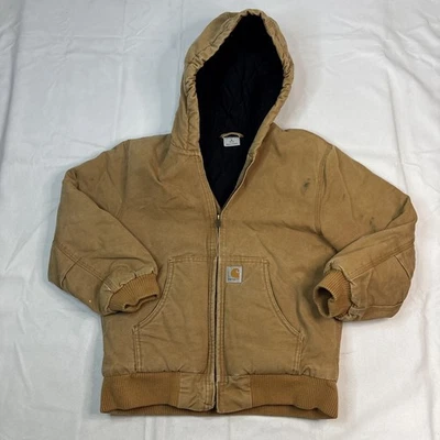 Carhartt Youth Medium 10-12 Brown Heavy Canvas Hooded Quilt Lined Coat Jacket - Image 1 of 4