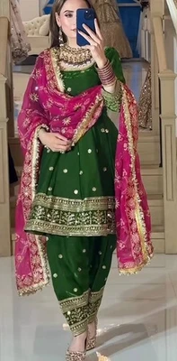 Stunning Look Fandy Silk Green Salwar Kameez With Dupatta For Women Wear - Image 1 of 4