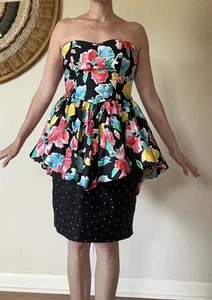 Abito vintage anni 80 floreale a pois senza spalline fiocco donna M - Foto 1 di 11