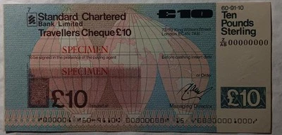 UK - series 60-91-10 SPECIMEN Standard Chartered 10 Pound Travellers Cheque - UN - Image 1 of 2