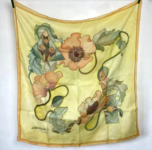Vintage Silk Neck Scarf Head Scarf Square Yellow Floral Hand Dyed Artist Signed - Picture 1 of 9