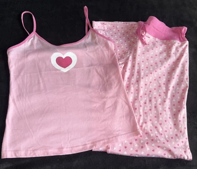 NEW 2 Piece Junior's Summer Pajamas Pink Heart Print Size Medium Tank Top Pant - Image 1 of 4