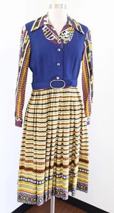 Vtg NWT Deadstock Navy Blue Yellow Printed Belted Shirt Dress Size 12 70s 80s - Picture 1 of 10