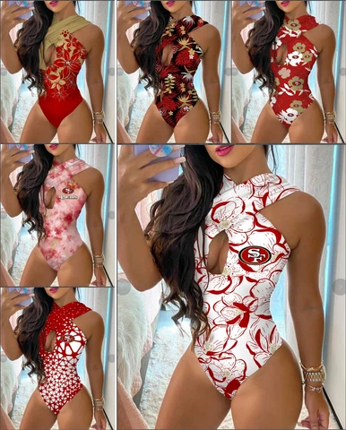 San Francisco 49ers One Piece Halter Neck Bathing Suit Front Cutout Swimwear Cover