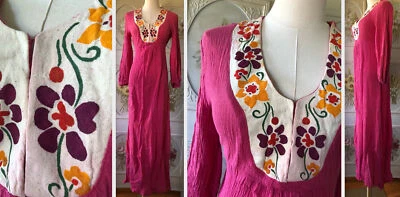 VESTIDO MAXI LONGO VINTAGE GREGO GAZE ALGODÃO ROSA PINTADO FLORES ROXO VERMELHO - Imagem 1 de 4