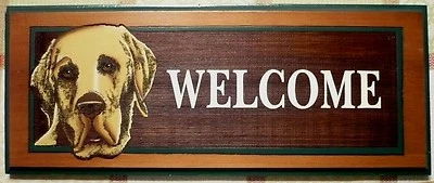 Letrero de bienvenida LABRADOR RETRIEVER. Madera tallada. Grandes ojos marrones. Grandes colores. 18" Foto 1 de 4