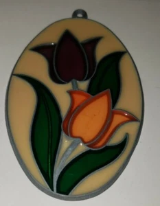 Red and Orange Tulips Floral Sun Catcher Oval Shape 4.5" W/ Hanging Loop! - Picture 1 of 11