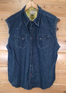 Levis Western Sleeveless Pearl Snap Shirt Men XL Frayed Denim Muscle Summer - Picture 1 of 9