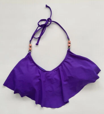 Hobie 游泳比基尼上衣 M 紫色吊带褶边可调节肩带珠 — 第 1/3 张图片