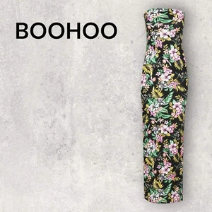 Boohoo Womens Black Tropical Floral Bandeau Maxi Dress UK 12 NWT - Picture 1 of 4