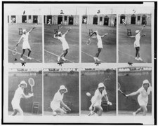 Alice Marble playing tennis,Forest Hills,New York,NY,serve,backhand,1937