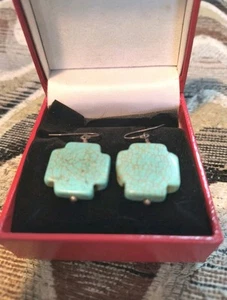 Blue Turquoise Dangle Earrings Navajo Native American Art Jewelry Southwestern  - Picture 1 of 4