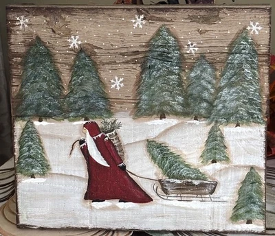 *~* HAND PAINTED BELSNICKEL SANTA *~* SLED *~* PINE TREES *~*RECLAIMED WOOD - Image 1 of 4