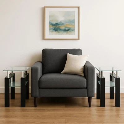 Set of Two Clear and Black Glass and Metal Square End Tables With Shelf - Image 1 of 4