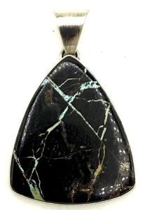 Navajo Handmade Blackjack Turquoise Old Style Silver Pendant By Rick Tolino Rare - Picture 1 of 14